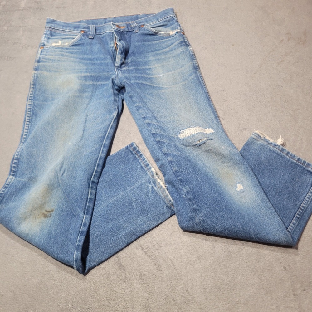 Wrangler Jeans Mens Blue‎ Cowboy Cut Slim Straight Distressed Workwear Cowboy
